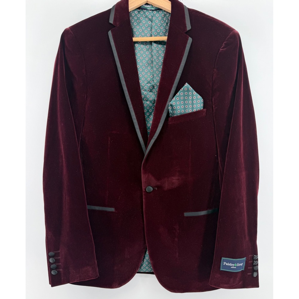 Paisley & Gray Mens 38R Slim Fit Velvet Blazer Burgundy Red Tuxedo Jacket NWOT